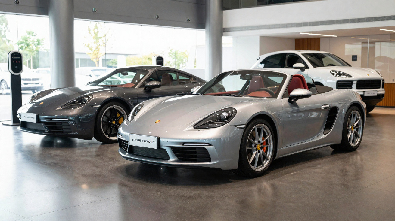 Deux voitures Porsche modernes exposées dans un showroom lumineux avec une borne de recharge électrique visible.