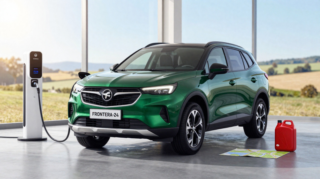 SUV électrique vert foncé en charge sur une borne, avec une carte et un bidon rouge posés au sol.
