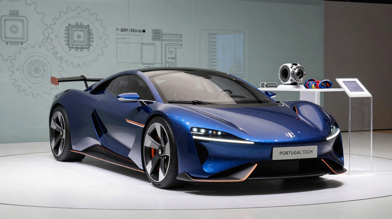 Voiture sportive bleue exposée avec moteur et composants sur socle blanc, arrière-plan industriel technique.