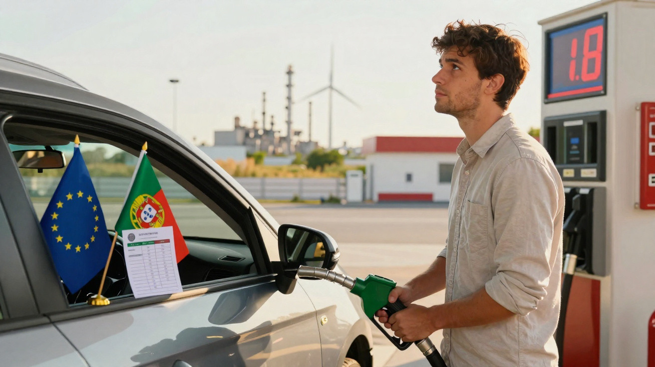 Homme faisant le plein de sa voiture à la pompe dans une station-service avec drapeaux européens et portugais.