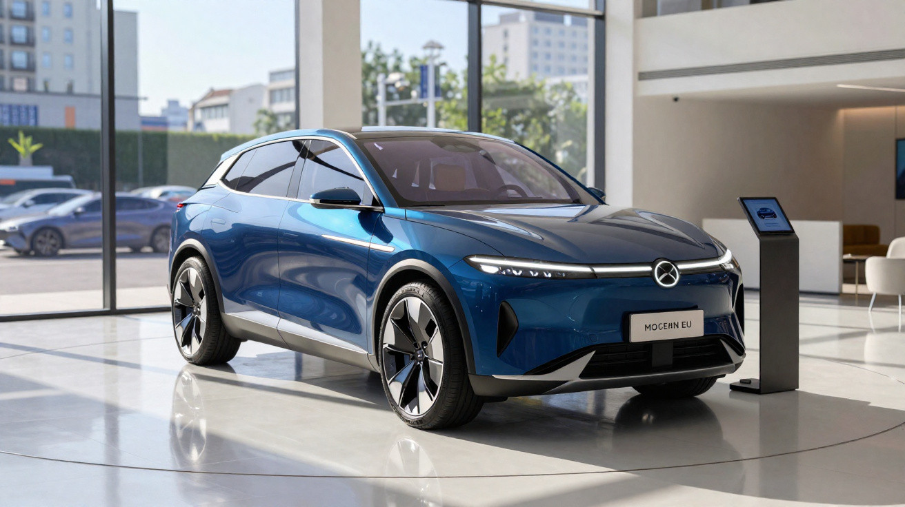 Voiture électrique bleue moderne exposée dans un showroom lumineux avec grandes baies vitrées.