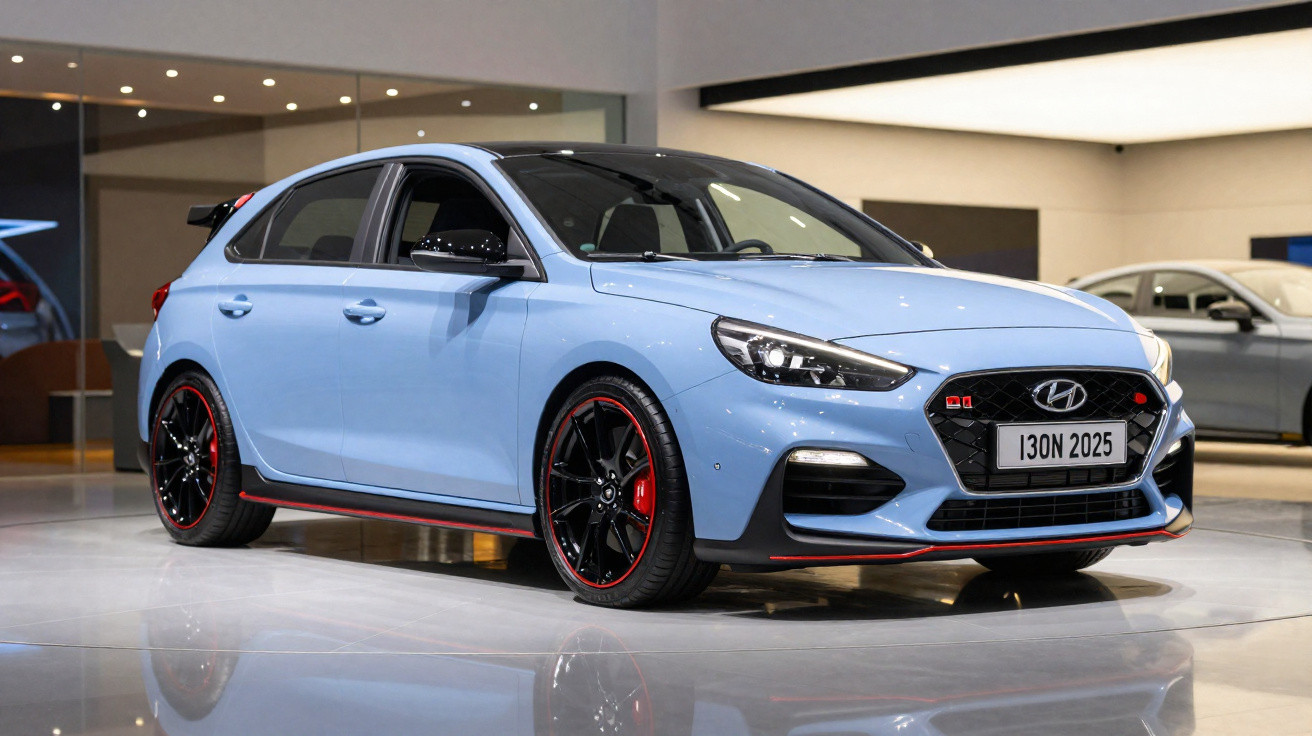 Voiture Hyundai i30 N bleue clair avec jantes noires et accents rouges exposée en intérieur.