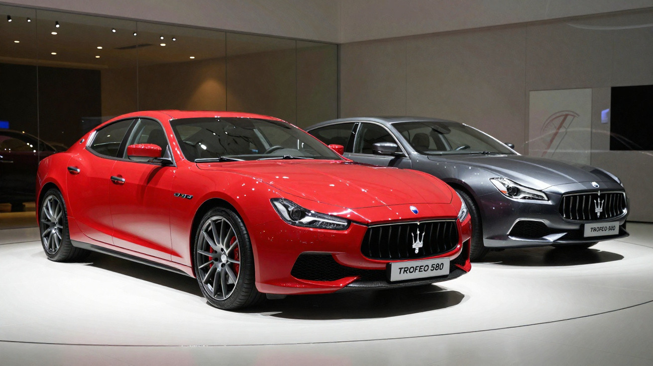 Deux voitures Maserati modernes, rouge Trofeo 580 et grise Trofeo 480, exposées en intérieur sur un podium blanc.
