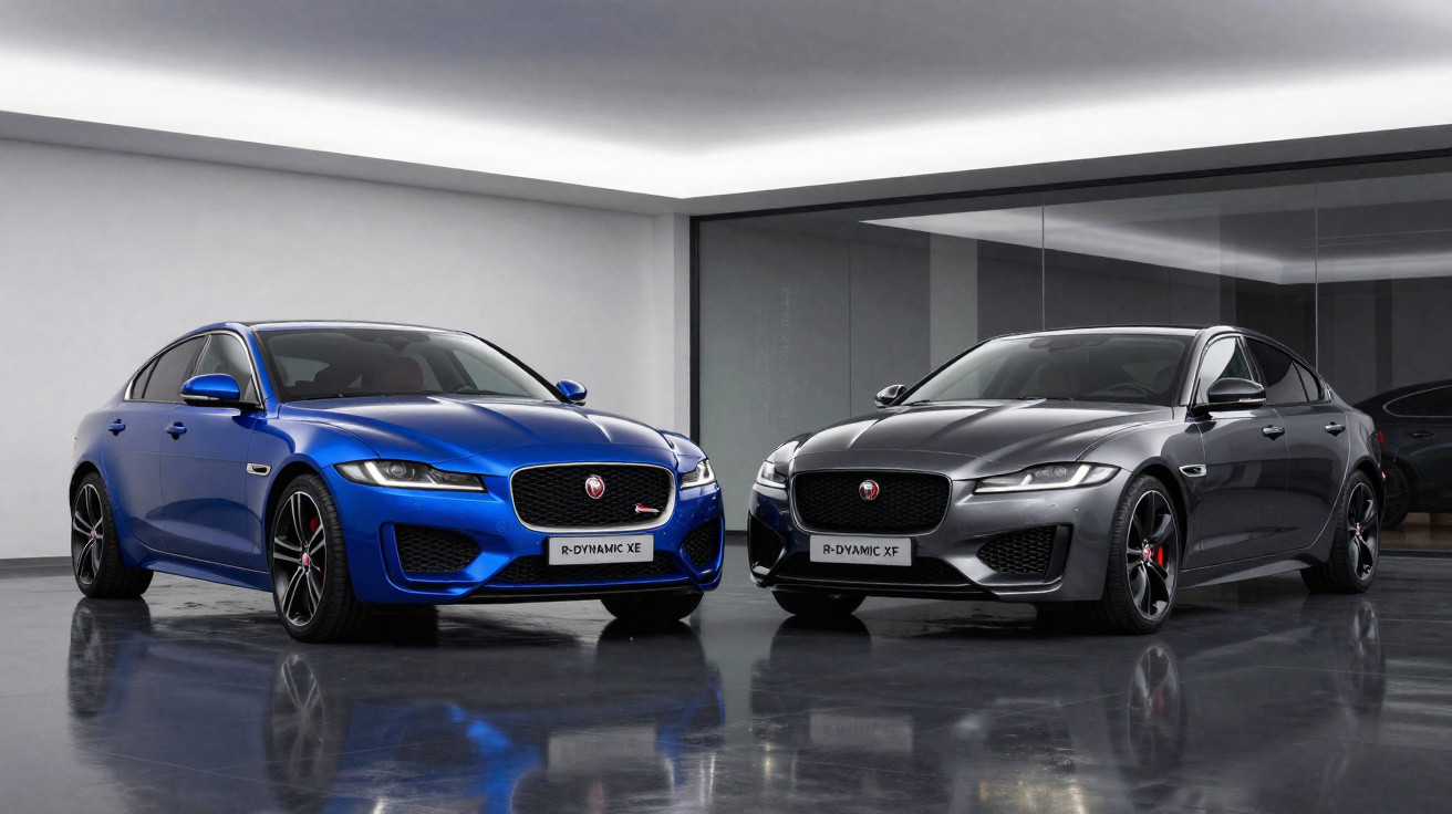Deux voitures Jaguar berlines sportives, une bleue et une grise, dans un showroom moderne avec un sol brillant.