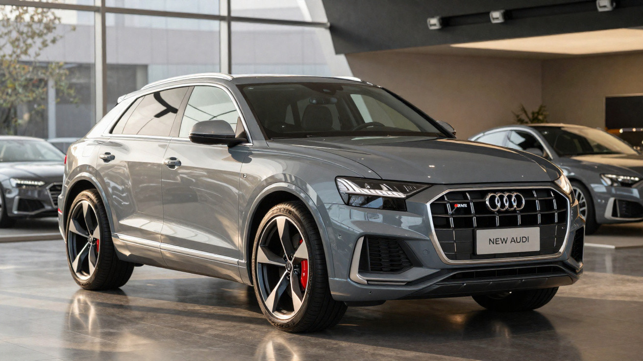 Audi Q8 gris métallisé exposée dans un showroom moderne avec plusieurs autres véhicules visibles.