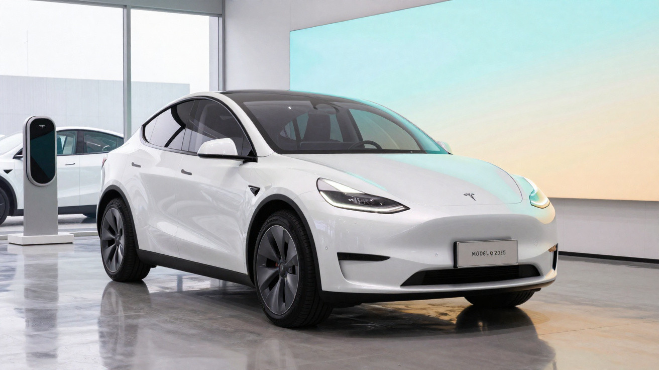 Voiture électrique Tesla Model Y blanche exposée en intérieur, près d'une borne de recharge.