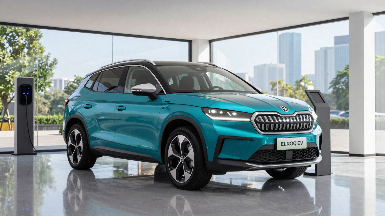 Véhicule électrique bleu Škoda ELROQ EV stationné dans un showroom moderne avec bornes de recharge visibles.