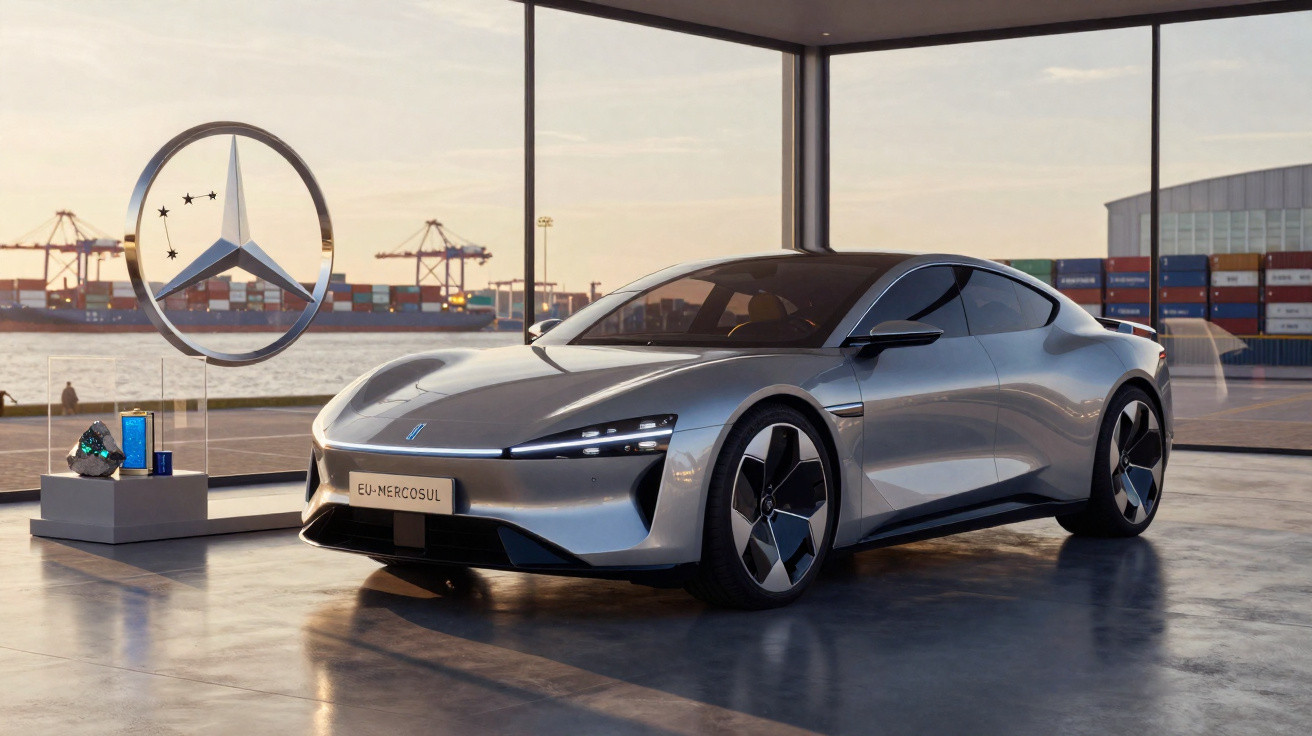 Voiture électrique grise au design futuriste exposée dans un showroom avec vue sur un port au coucher du soleil.