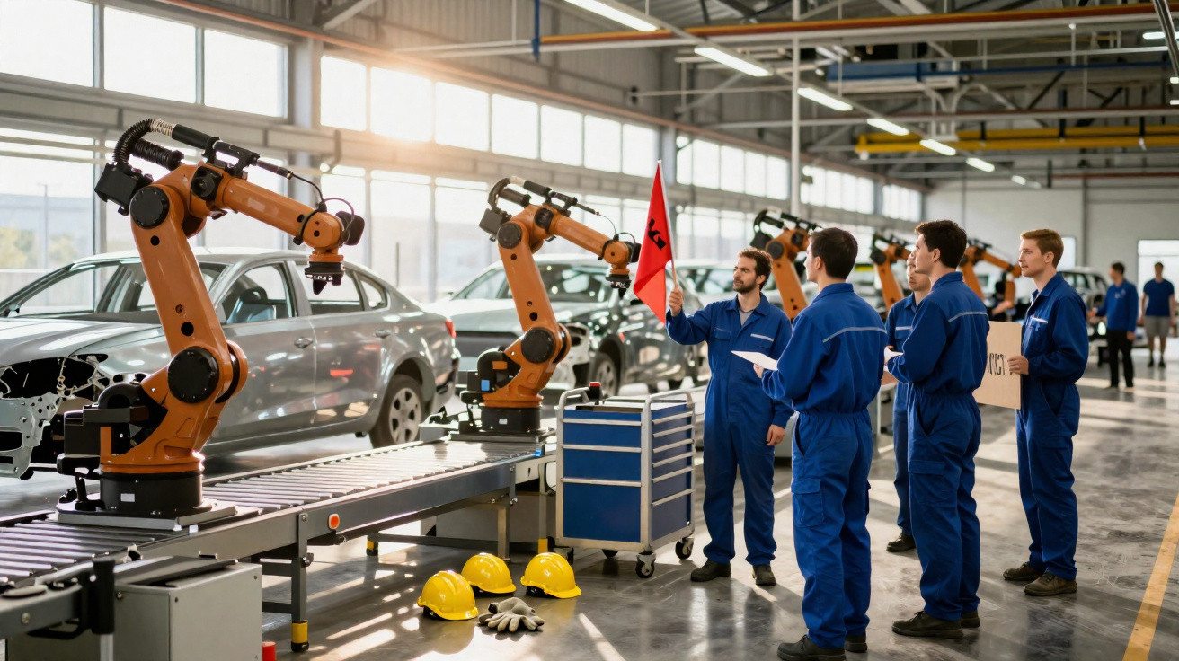 Des ouvriers en bleu surveillent des robots industriels assemblant des voitures dans une usine moderne.