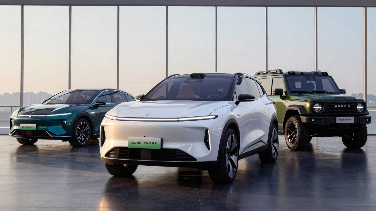 Trois voitures électriques modernes exposées dans un espace lumineux avec de grandes fenêtres panoramiques.