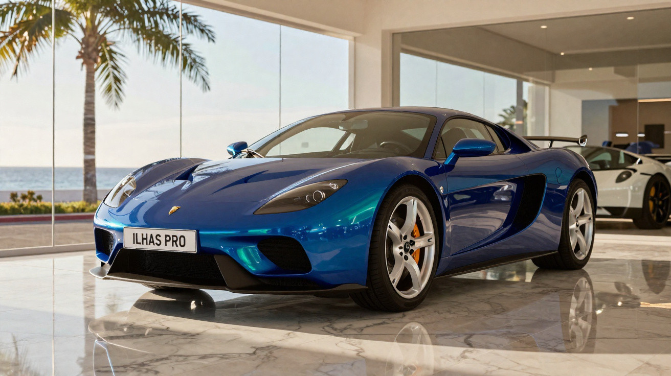 Voiture de sport bleue brillante garée dans un showroom moderne avec baie vitrée et palmiers visibles dehors.