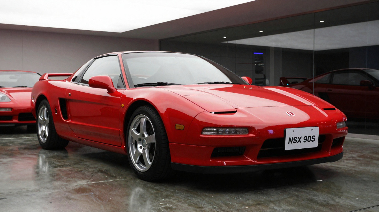 Voiture de sport rouge Honda NSX 90S stationnée dans un garage avec sol en béton brillant.
