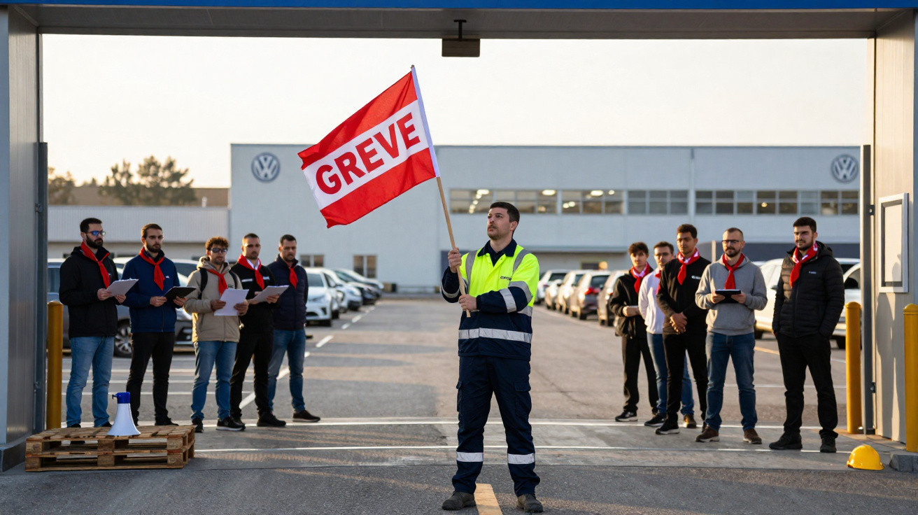 Un groupe de travailleurs en grève devant une usine, un homme au premier plan tenant un drapeau rouge "GREVE".