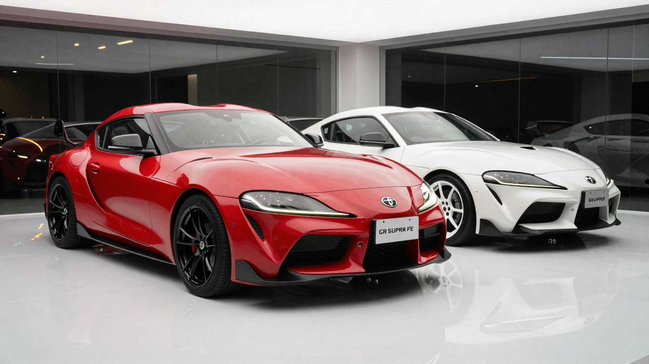 Deux voitures de sport Toyota GR Supra FE, une rouge et une blanche, exposées dans un showroom moderne.