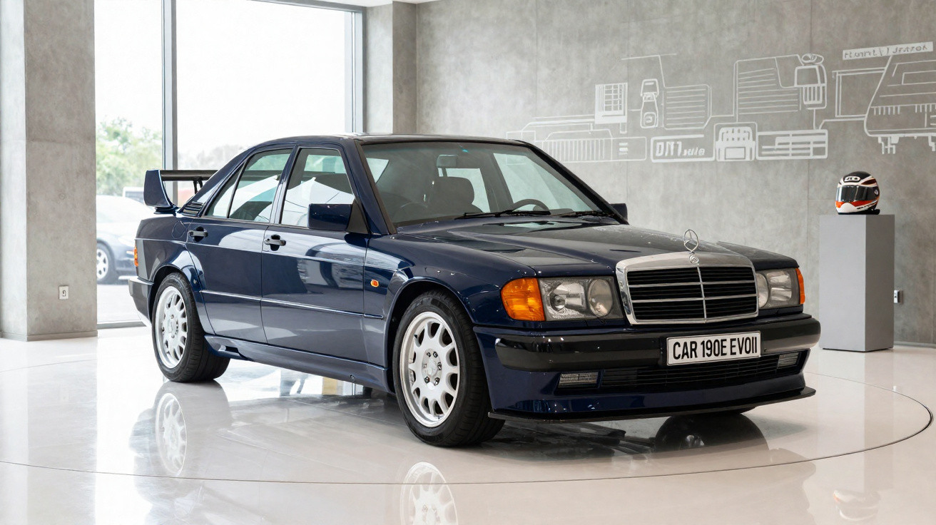 Mercedes-Benz 190E Evolution II bleue exposée dans un showroom moderne avec un casque sur un socle à côté.
