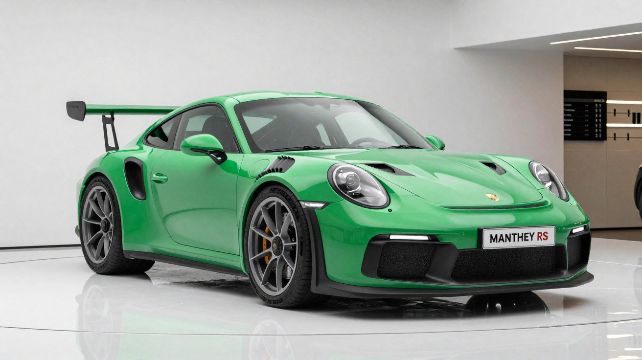 Voiture de sport Porsche 911 GT3 RS verte exposée dans un showroom lumineux et minimaliste.