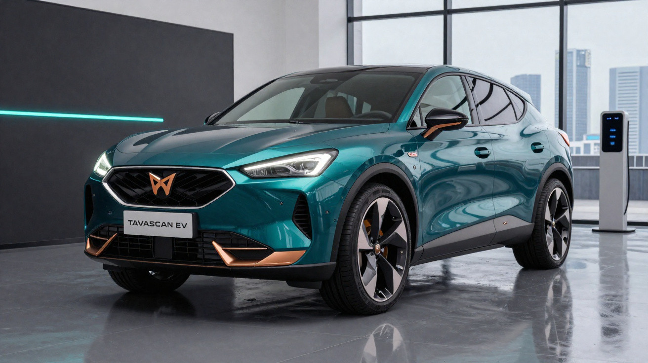 Voiture électrique Cupra Tavascan EV vert métallisé garée dans un showroom moderne avec borne de recharge.