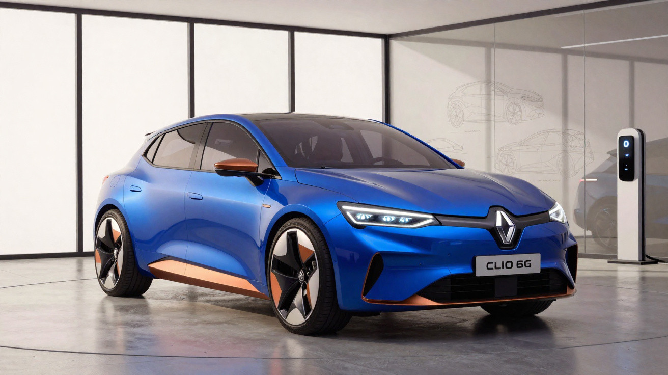 Voiture électrique Renault Clio 6G bleu avec détails cuivre dans un showroom moderne, station de recharge visible.