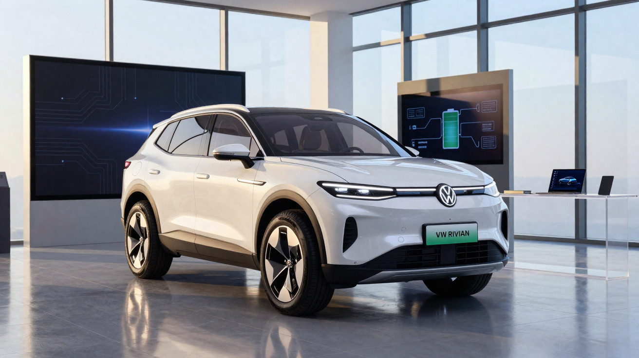 SUV électrique blanc Volkswagen VW RIVIAN exposé dans un showroom moderne aux grandes fenêtres.
