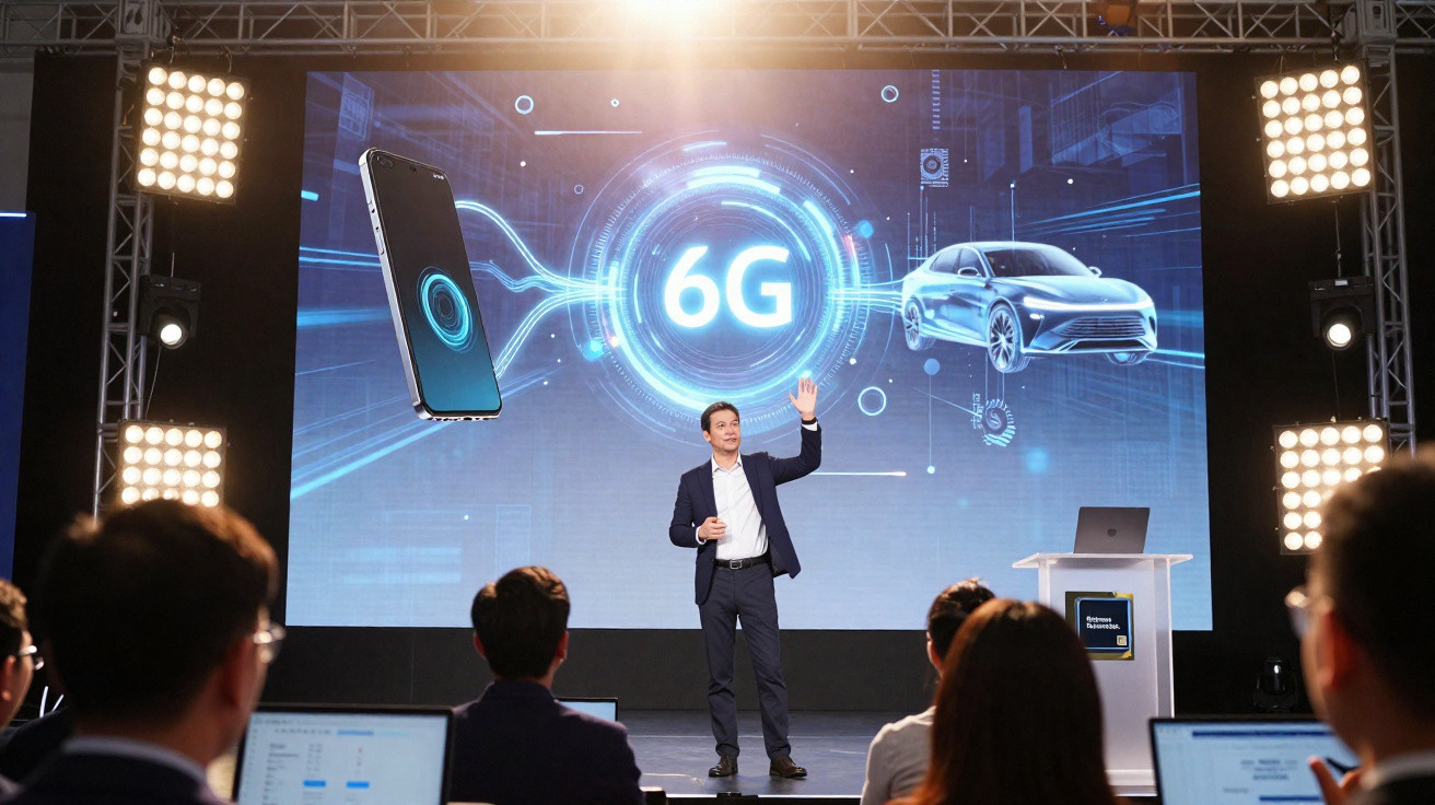 Un homme en costume présente la technologie 6G avec une voiture et un smartphone en arrière-plan.