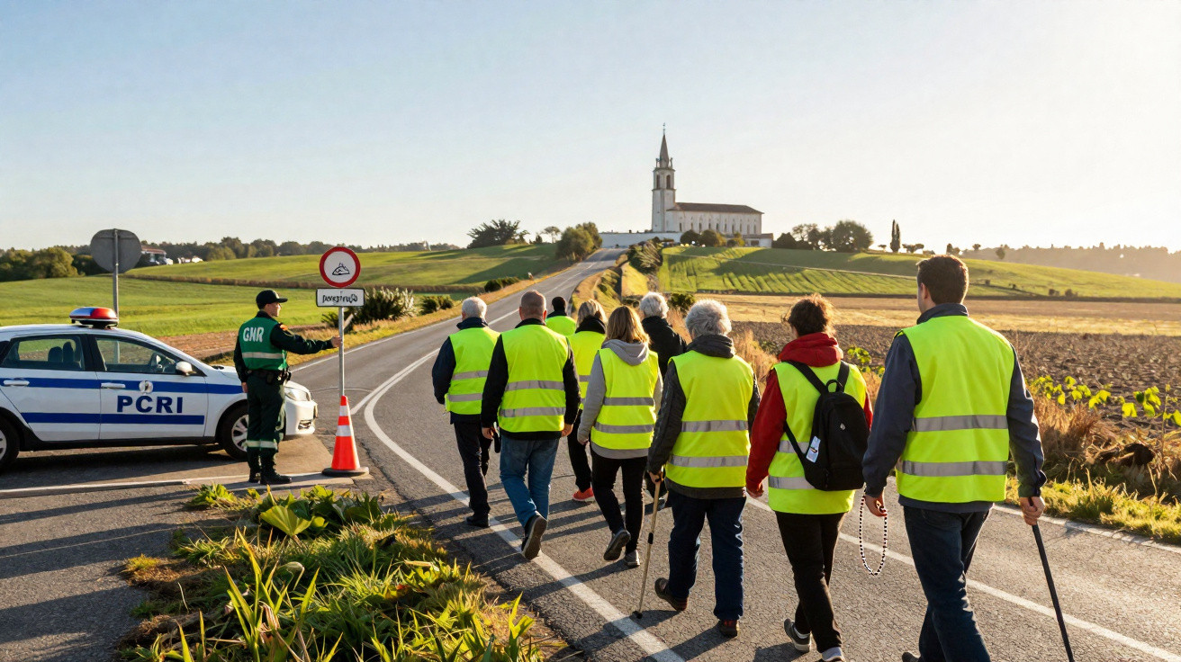 Groupe de personnes en gilets jaunes marchant sur une route rurale vers une église au coucher du soleil.