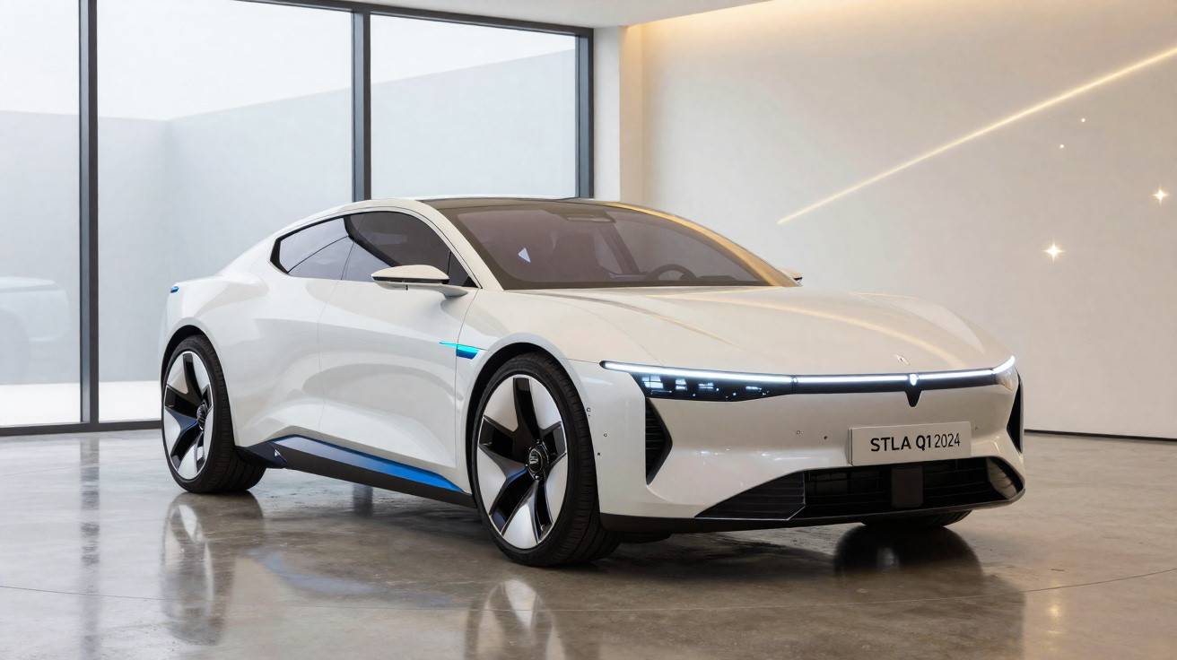 Voiture électrique blanche moderne avec phares LED, design aérodynamique et jantes noires et argentées.