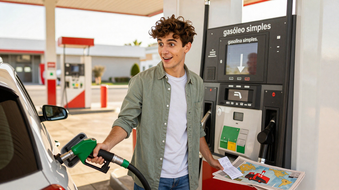 Jeune homme souriant fait le plein de carburant à une station-service en tenant un journal.
