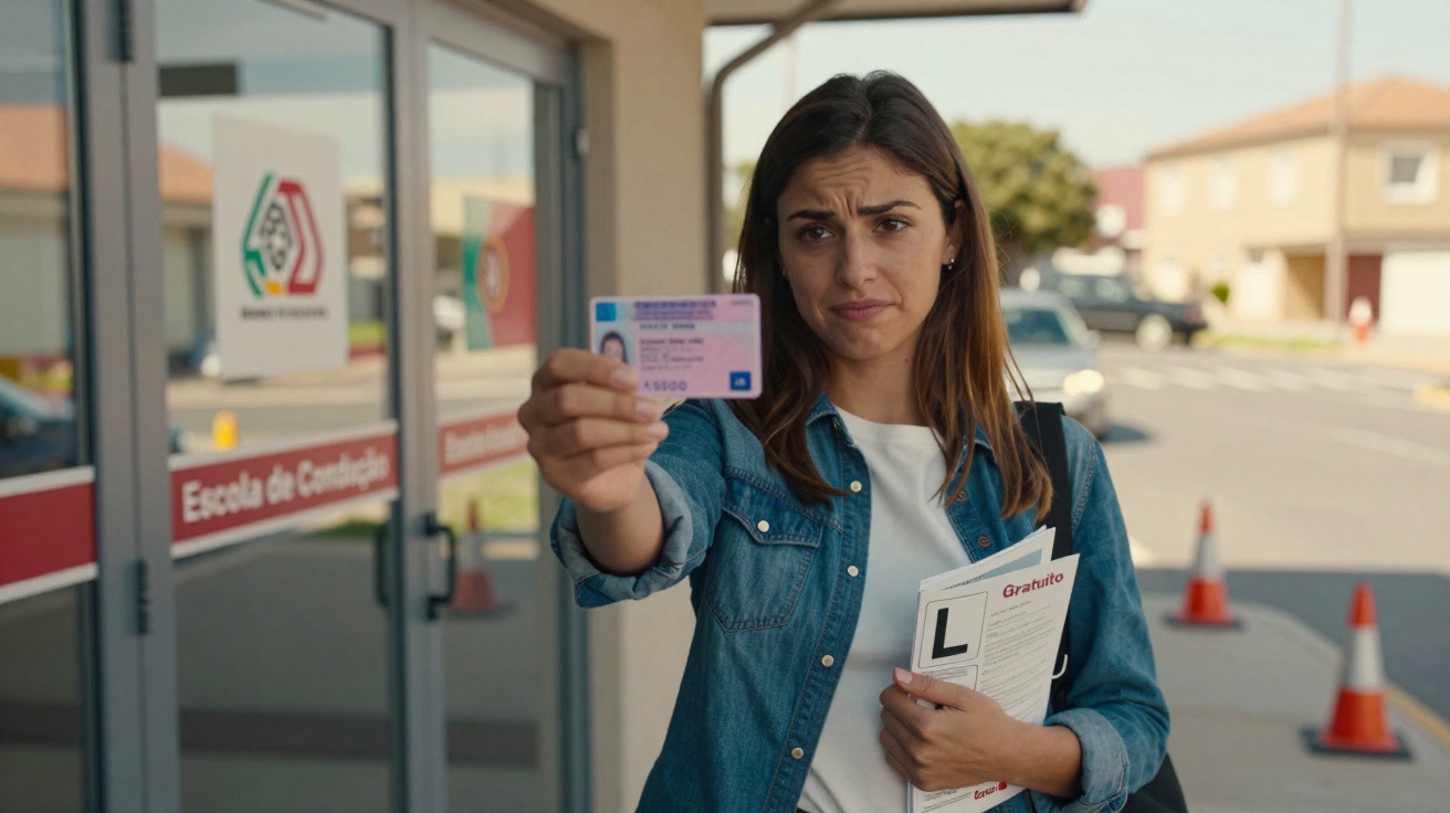 Femme montrant une carte de conduite devant une auto-école avec une expression déçue.