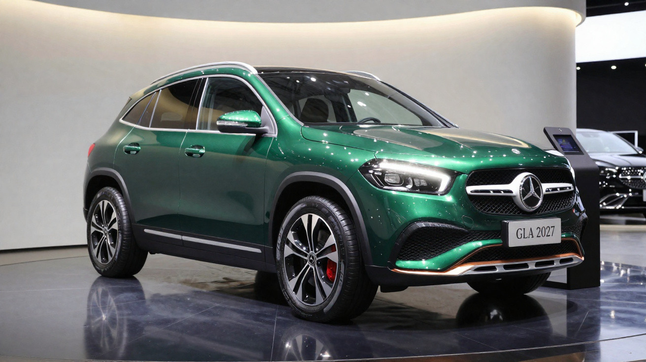 SUV Mercedes-Benz GLA vert métallisé 2027 exposé en intérieur sur podium brillant.