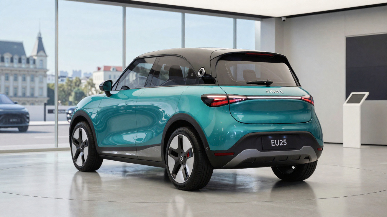 Voiture électrique compacte bleu-turquoise exposée en intérieur, vue arrière trois-quarts avec toit noir.