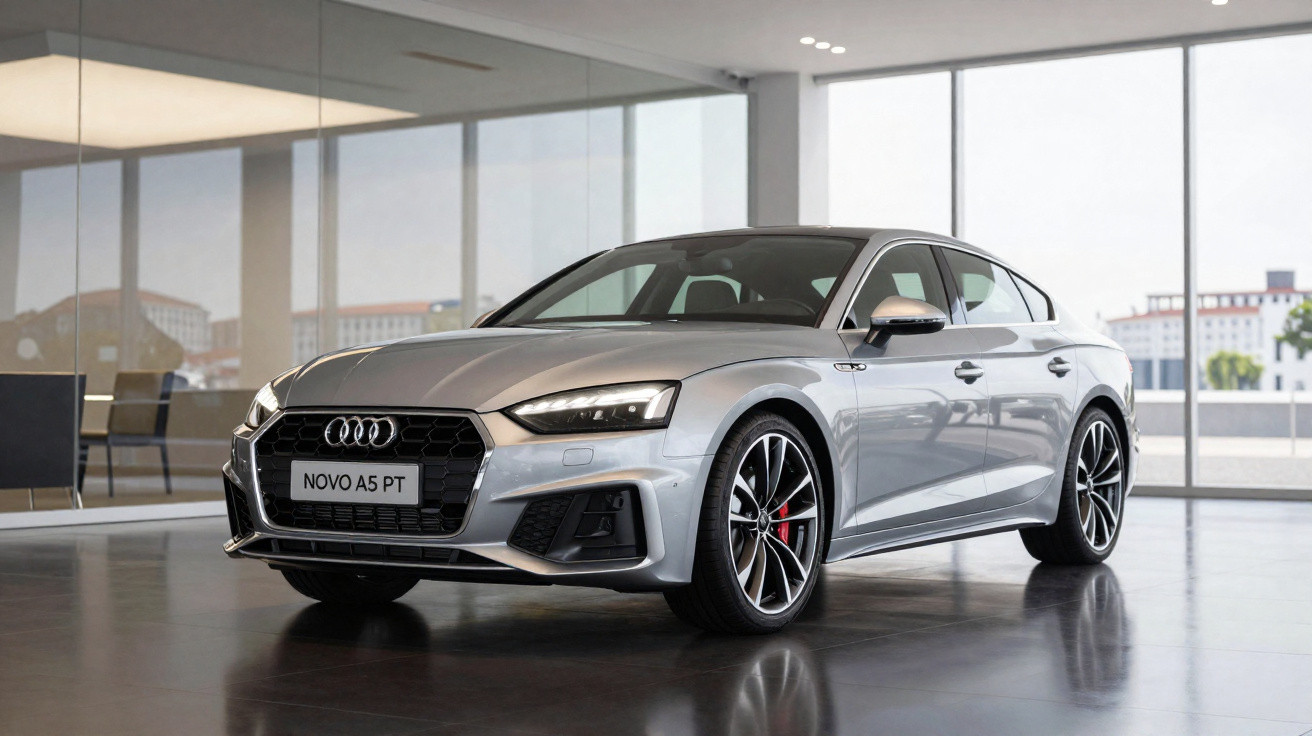 Audi A5 berline grise exposée dans un showroom moderne avec grandes fenêtres et sol brillant.
