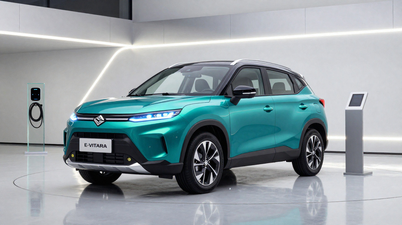 SUV électrique Suzuki E-Vitara vert dans un showroom moderne avec borne de recharge.