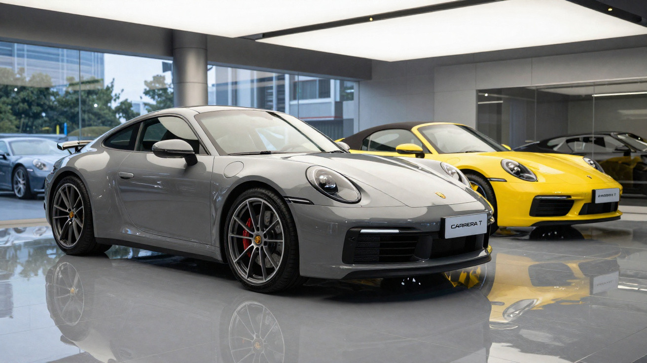 Porsche Carrera T grise au premier plan et Porsche jaune garées dans un showroom lumineux.