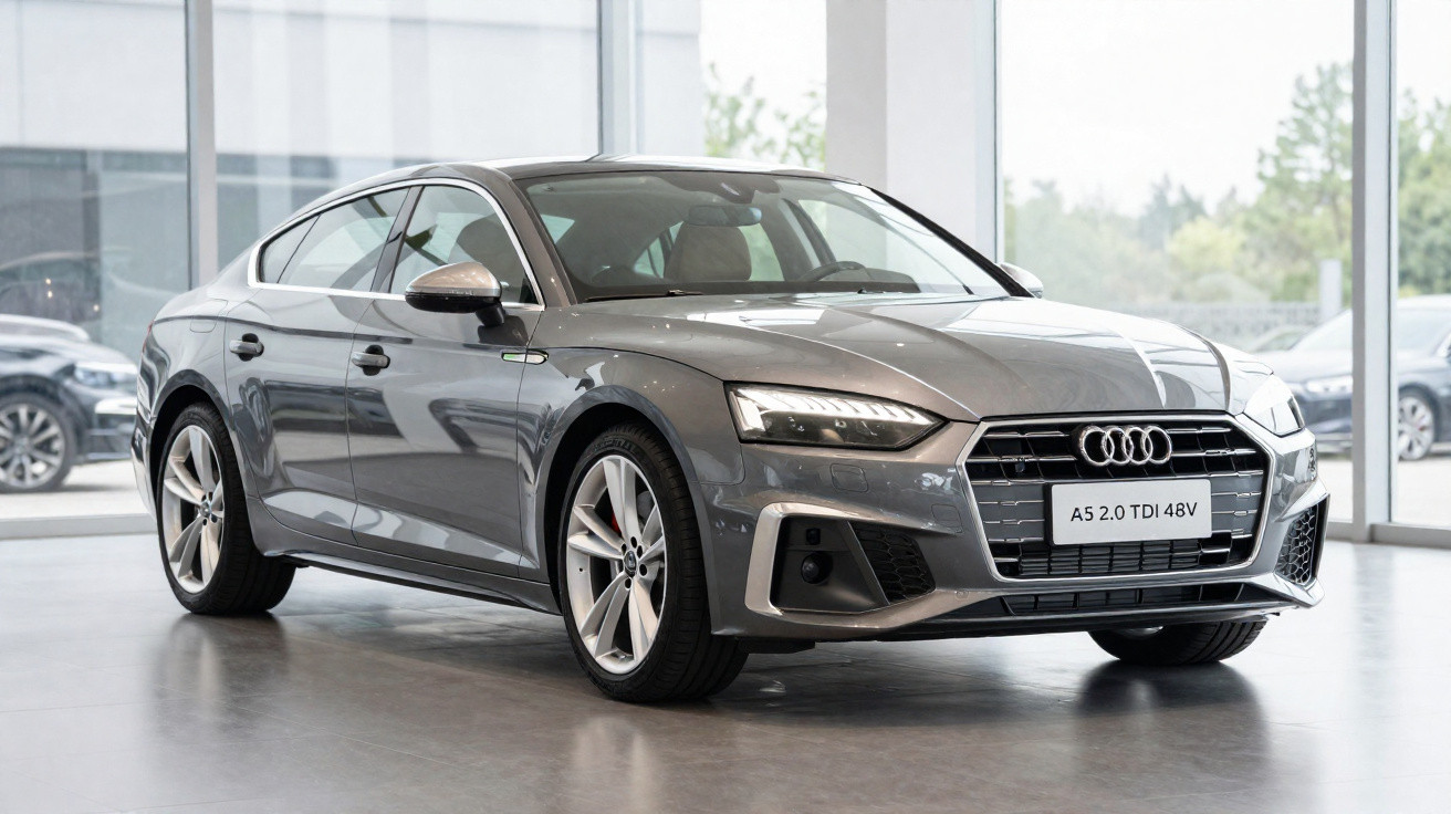 Audi A5 grise en intérieur, vue trois quarts avant, éclairage naturel.