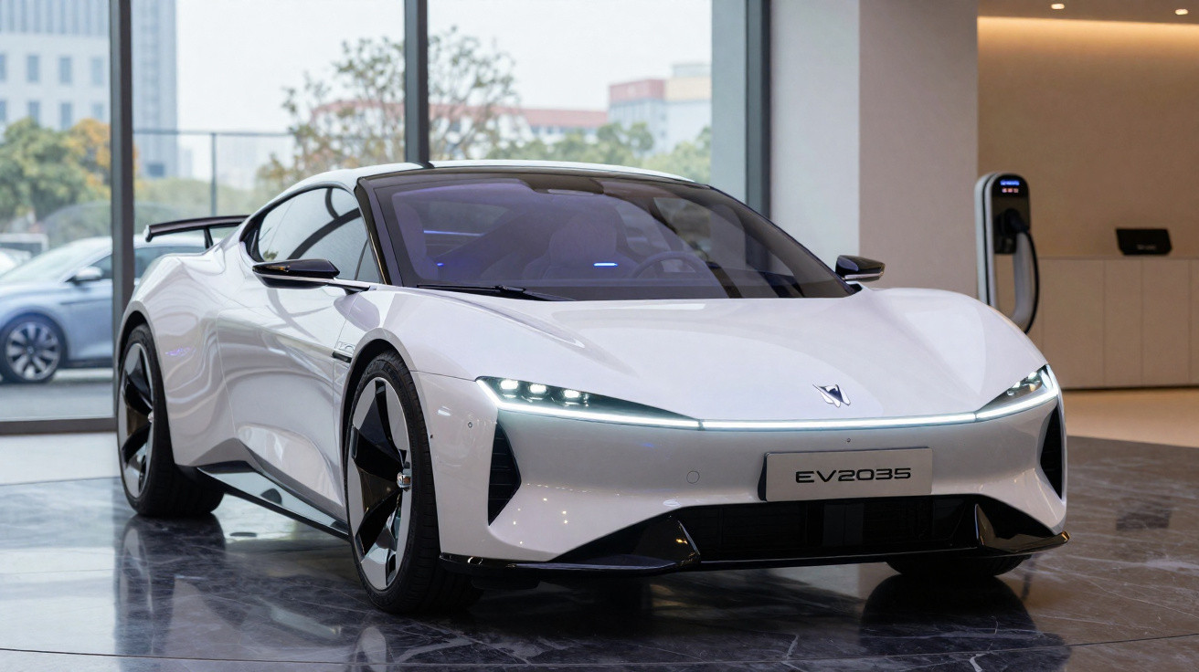 Voiture électrique blanche EV2035 garée dans un showroom moderne avec borne de recharge à l’arrière.