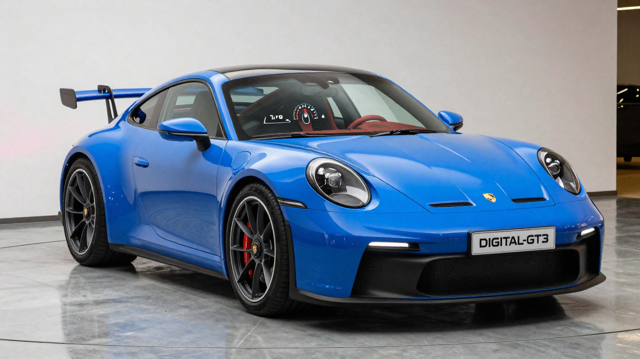 Voiture sportive Porsche bleue numérique GT3 vue de trois quarts avant dans un garage lumineux.