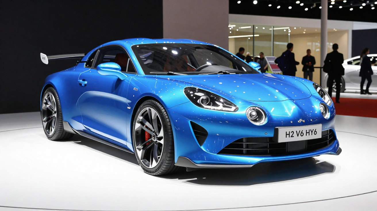 Voiture de sport bleue brillante exposée en intérieur avec des reflets lumineux et un aileron arrière.