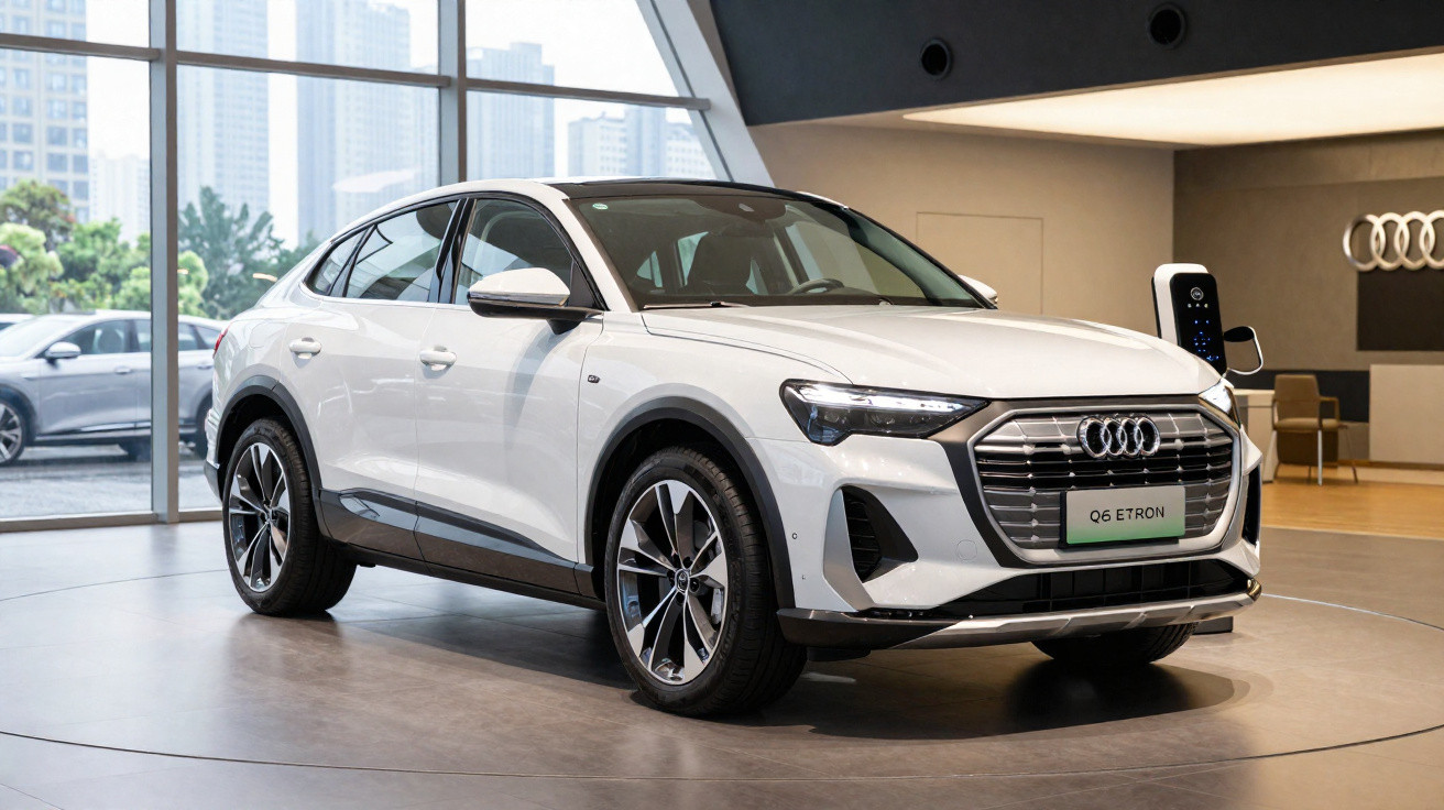Véhicule Audi Q6 e-tron blanc exposé en showroom moderne avec grandes baies vitrées et décor épuré.