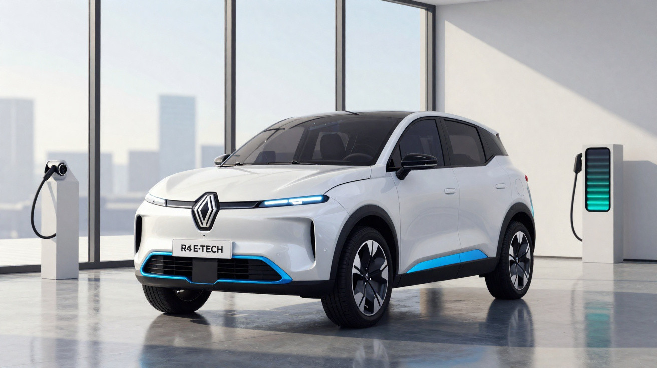 Voiture électrique Renault blanche R4 E-TECH garée dans un showroom moderne avec bornes de recharge.