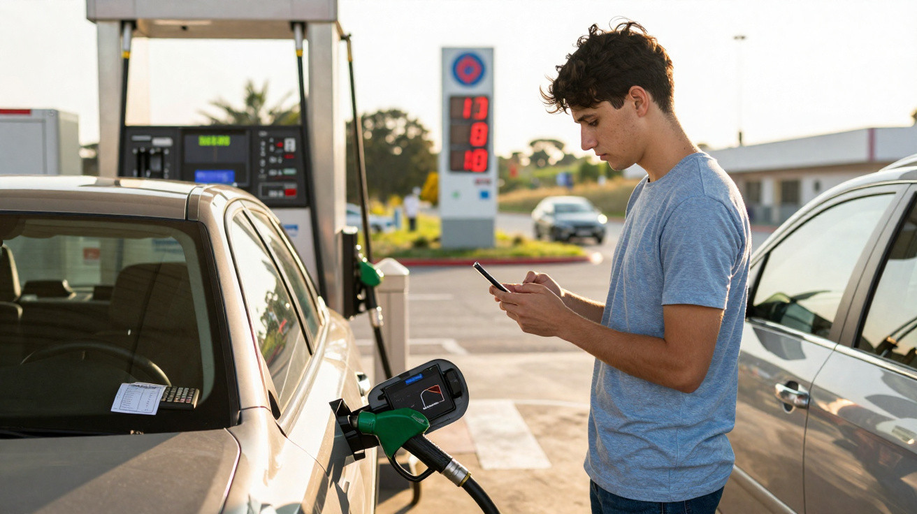 Jeune homme en t-shirt bleu fait le plein de sa voiture à une station-service en utilisant son téléphone.