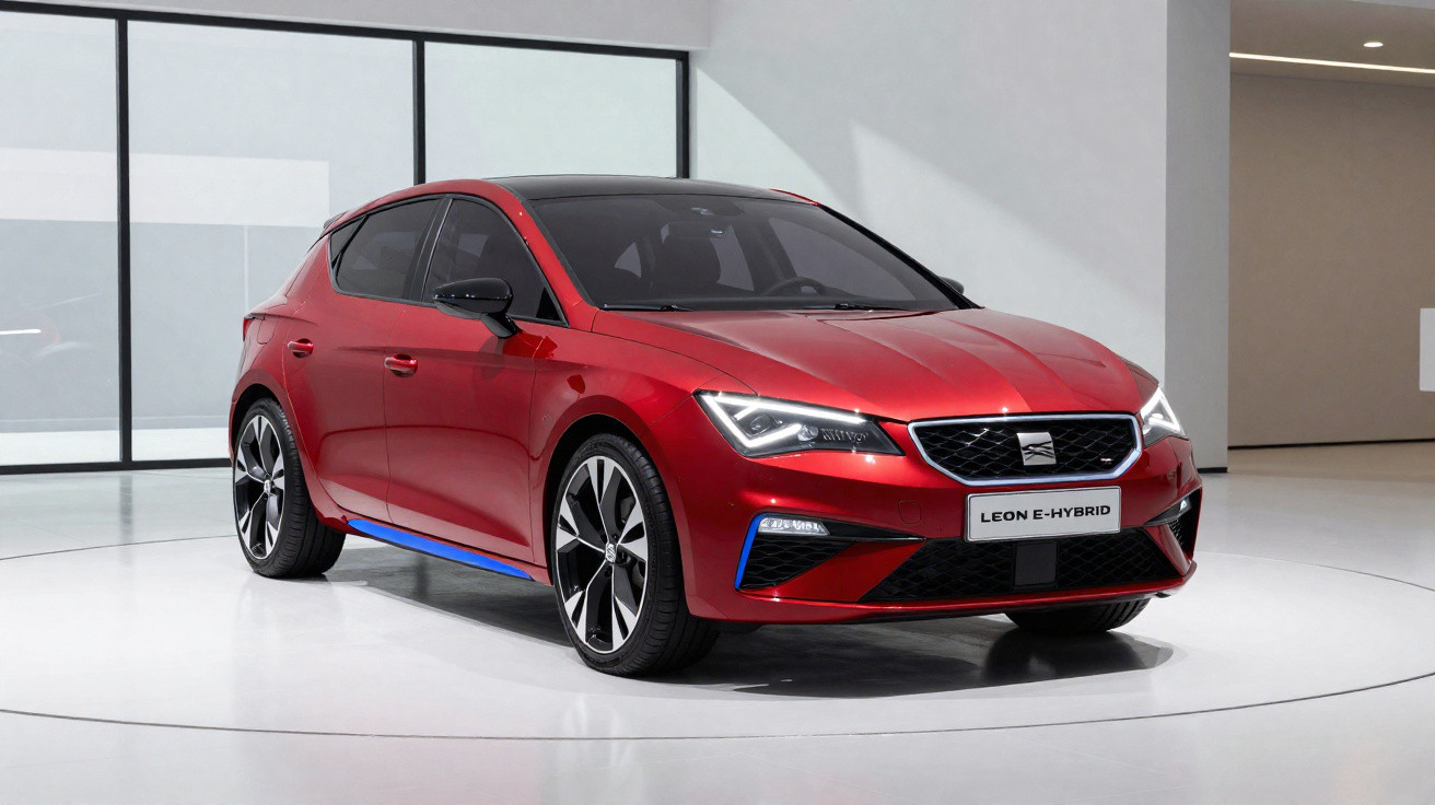 Voiture compacte rouge Seat Leon E-Hybrid exposée dans un showroom moderne et épuré.