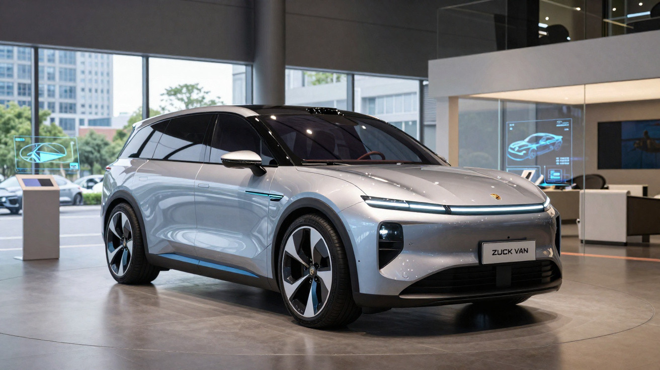 Voiture électrique Porsche Zuck Van grise exposée dans un showroom moderne avec grandes fenêtres.