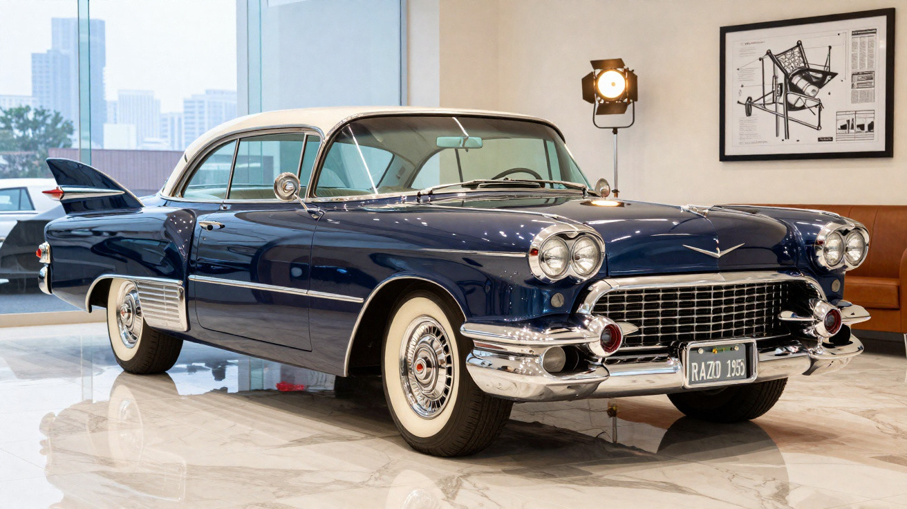 Voiture classique américaine bleu foncé avec toit blanc exposée dans un showroom moderne et lumineux.