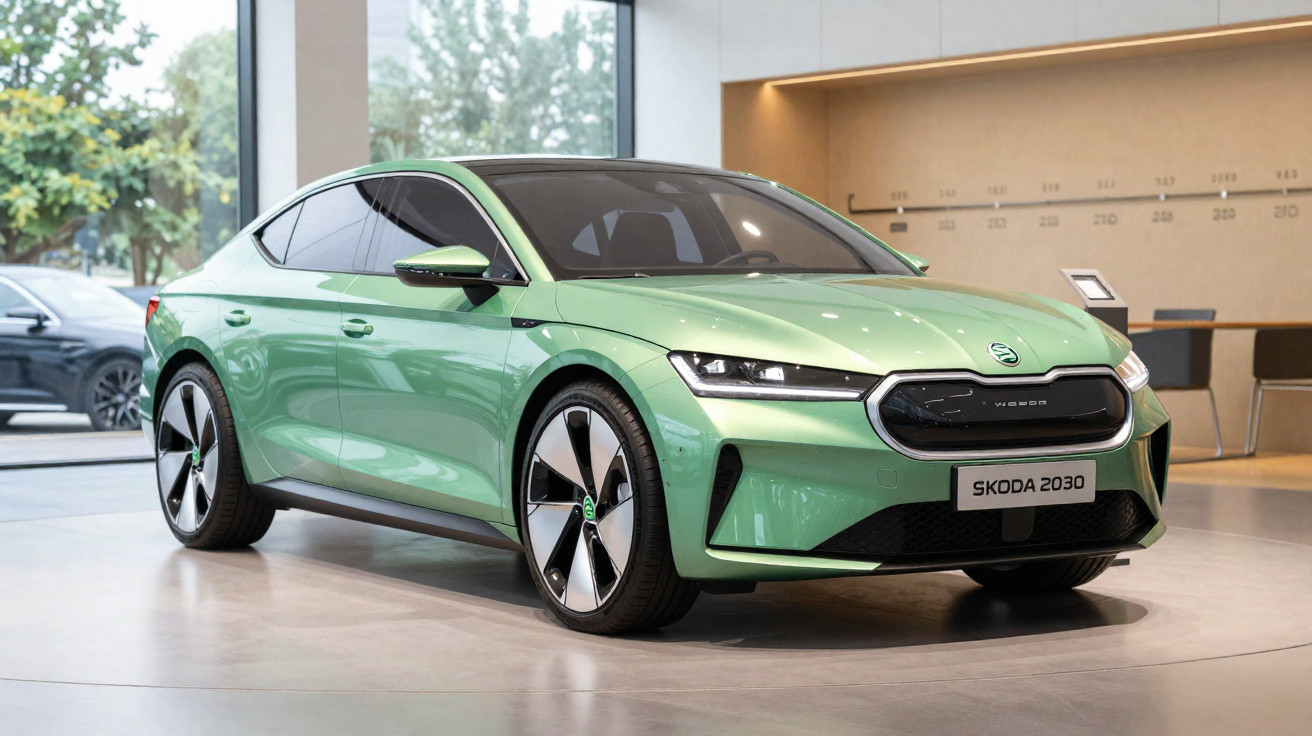 Voiture électrique Škoda Vision 2030 vert clair exposée dans un showroom moderne.